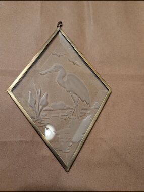 Etched Glass Heron Suncatcher with Brass Frame - Clear